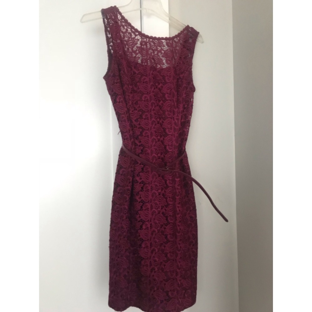 WHBM Burgundy Floral Lace Belted Sheath Dress